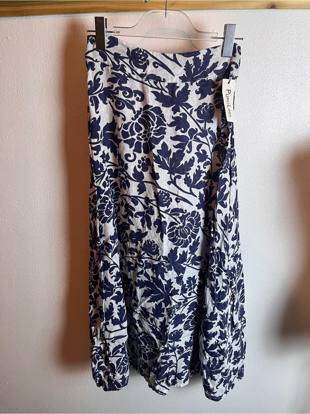 PuroLino Navy Floral Midi Skirt with White Background